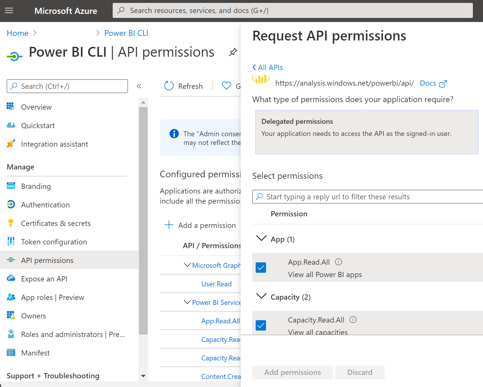 Screenshot of adding API permissions for the service principal